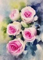 تابلو نقاشی آبرنگ مجموعه گل ها با رنگ‌های صورتی و ترکیب آرام‌بخش. سایز ۲۵ در ۳۵ سانتی‌متر، اجرا با تکنیک آبرنگ، بدون قاب