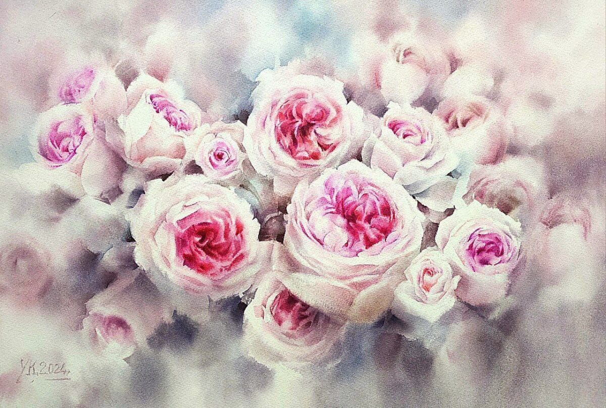 تابلو آبرنگ گل رز صورتی با طراحی دست‌ساز، مدل مجموعه گل‌ها، مناسب برای دکوراسیون خانه و اتاق نشیمن